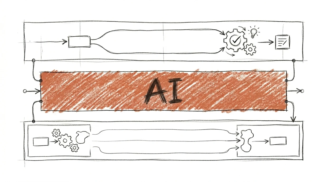 Schematic diagram — your existing system (top), an AI layer added in terracotta (middle), and the smarter system that results (bottom). The artisanly value prop in a single picture.